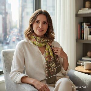 Floral Butterfly Long Rectangle Hand Rolled Sheer Scarf Made in Italy 60" X 16"